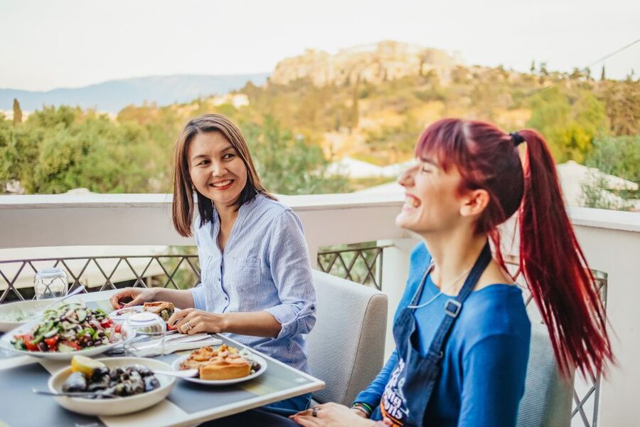 Athens: Greek Cuisine Cooking Class and 3-Course Dinner - Eating your own food with an Acropolis view