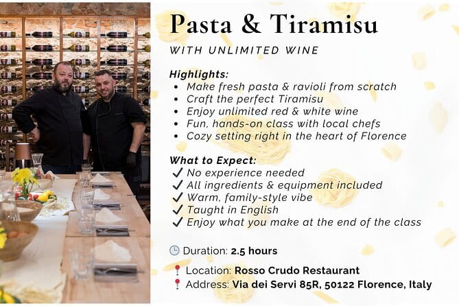 Florence: Pasta & Tiramisu Cooking Class with Unlimited Wine - Tiramisu is part of the lesson, not just dessert