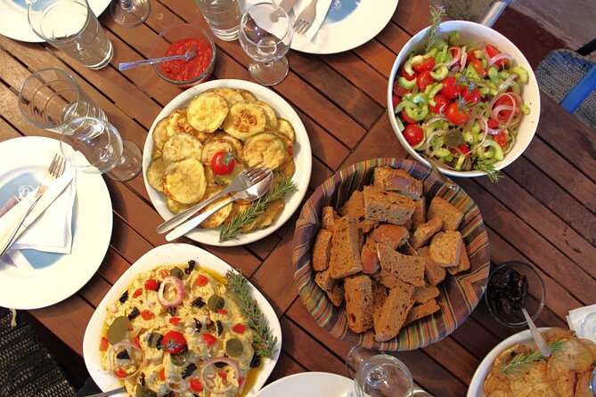 Santorini Family Farm Food & Wine Tour with Cooking Class - What you eat during the afternoon