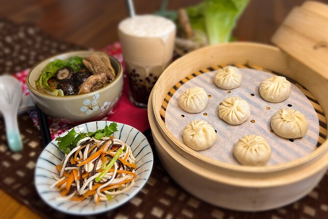 Xiao Long Bao, Chicken vermicelli with mushroom and sesame oil, Tofu strips salad, Bubble milk tea. Taiwan Traditional Delicacies Experience-A (Taipei Cooking Class) - Key Points Before You Book