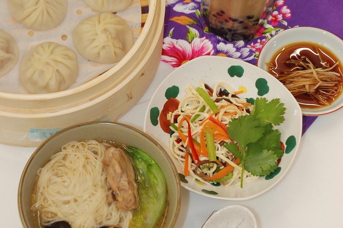 Xiao Long Bao, Chicken vermicelli with mushroom and sesame oil, Tofu strips salad, Bubble milk tea. Taiwan Traditional Delicacies Experience-A (Taipei Cooking Class) - What the Listed Taipei Stops Mean